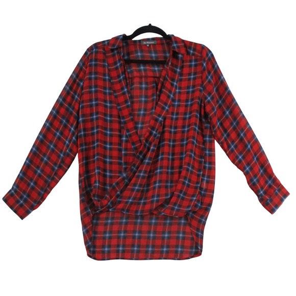 Chic Happens Tops - Chic Happens Red Blue Plaid Surplice Draped High Low Blouse Womens Medium